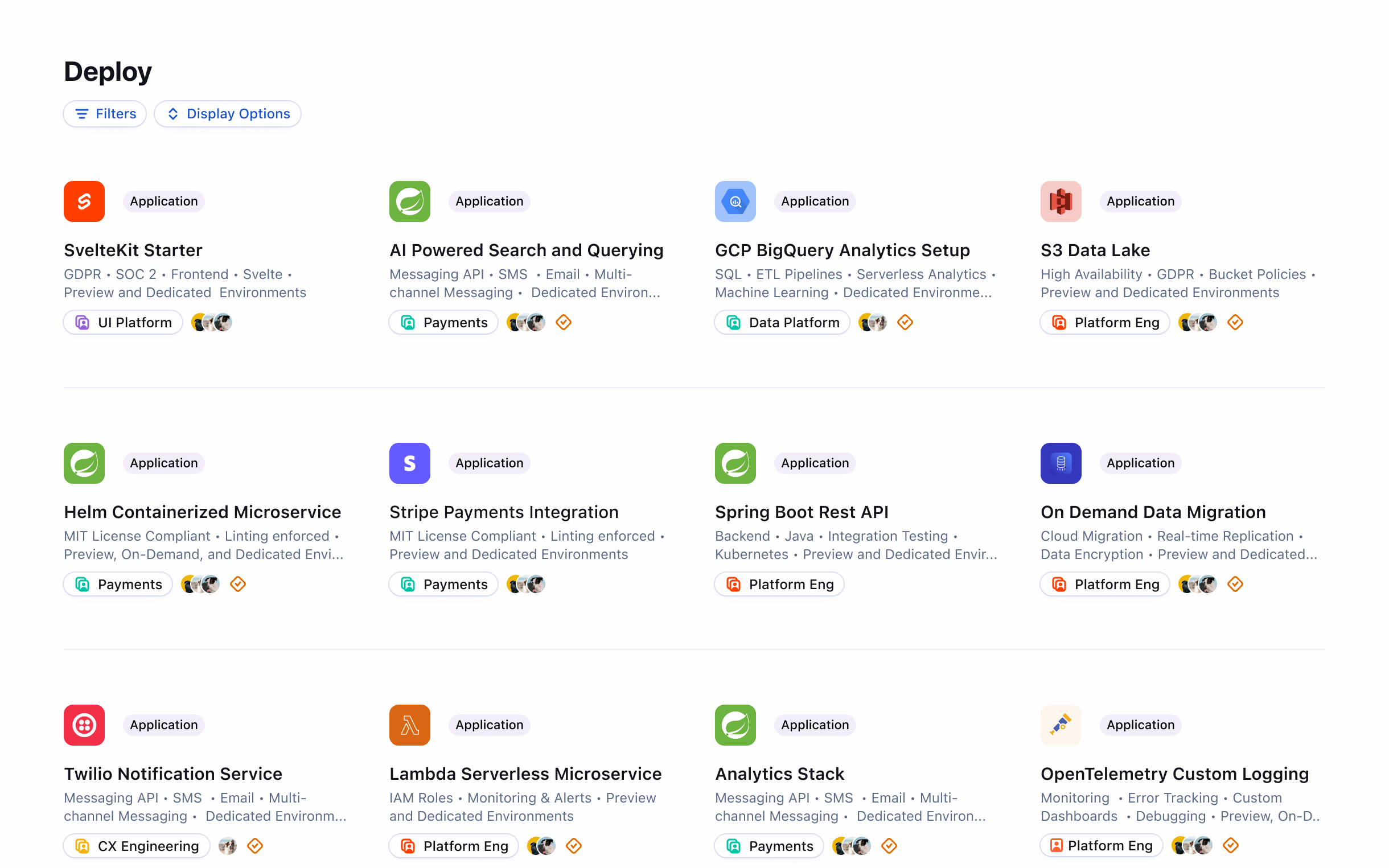 Tempest Deploy view showing a grid of deployable application cards with icons, details, and owning teams