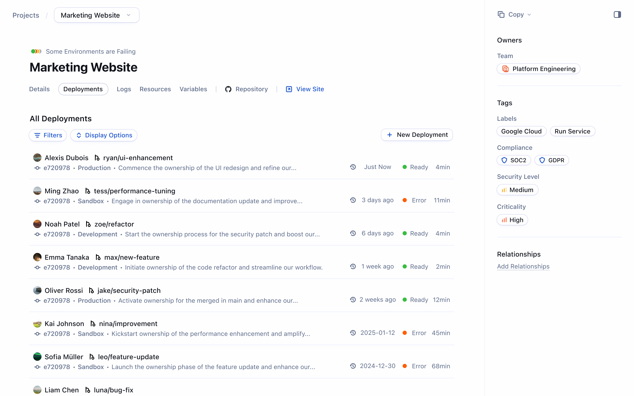 Tempest project Deployments view listing recent deployments with their authors, branches, environments, and status