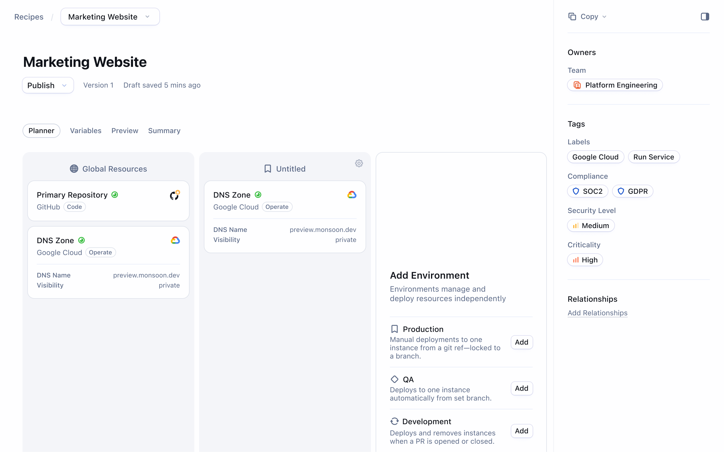 Tempest Recipes planner for the Marketing Website recipe, arranging global resources and deployment environments
