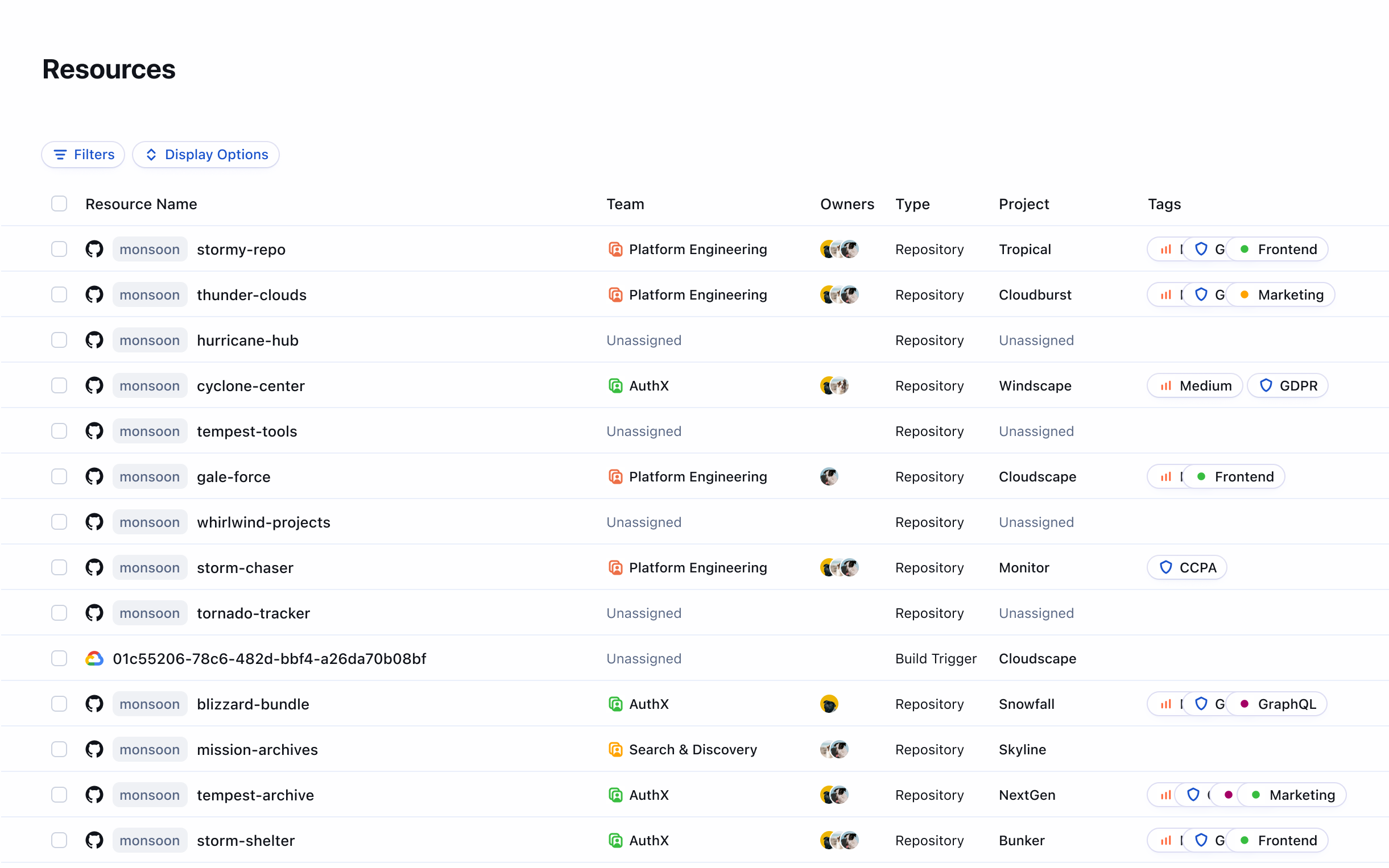 Tempest Resources catalog listing repositories with their teams, owners, types, projects, and tags