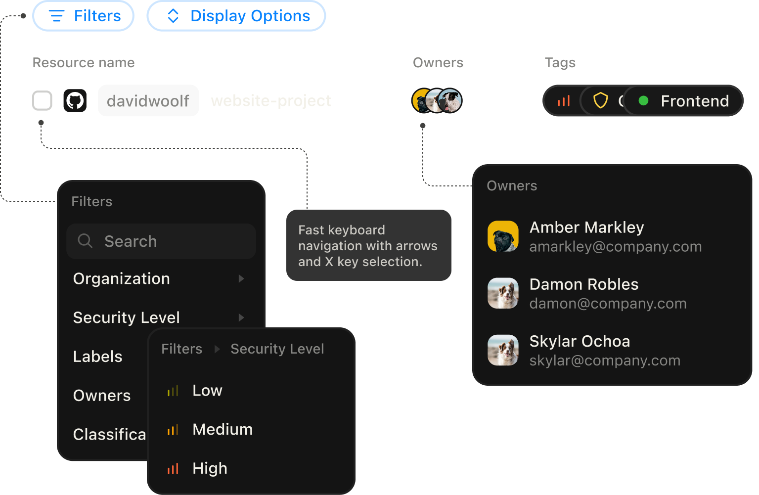Tempest table navigation with structured columns, service icons, tags, and profile pictures