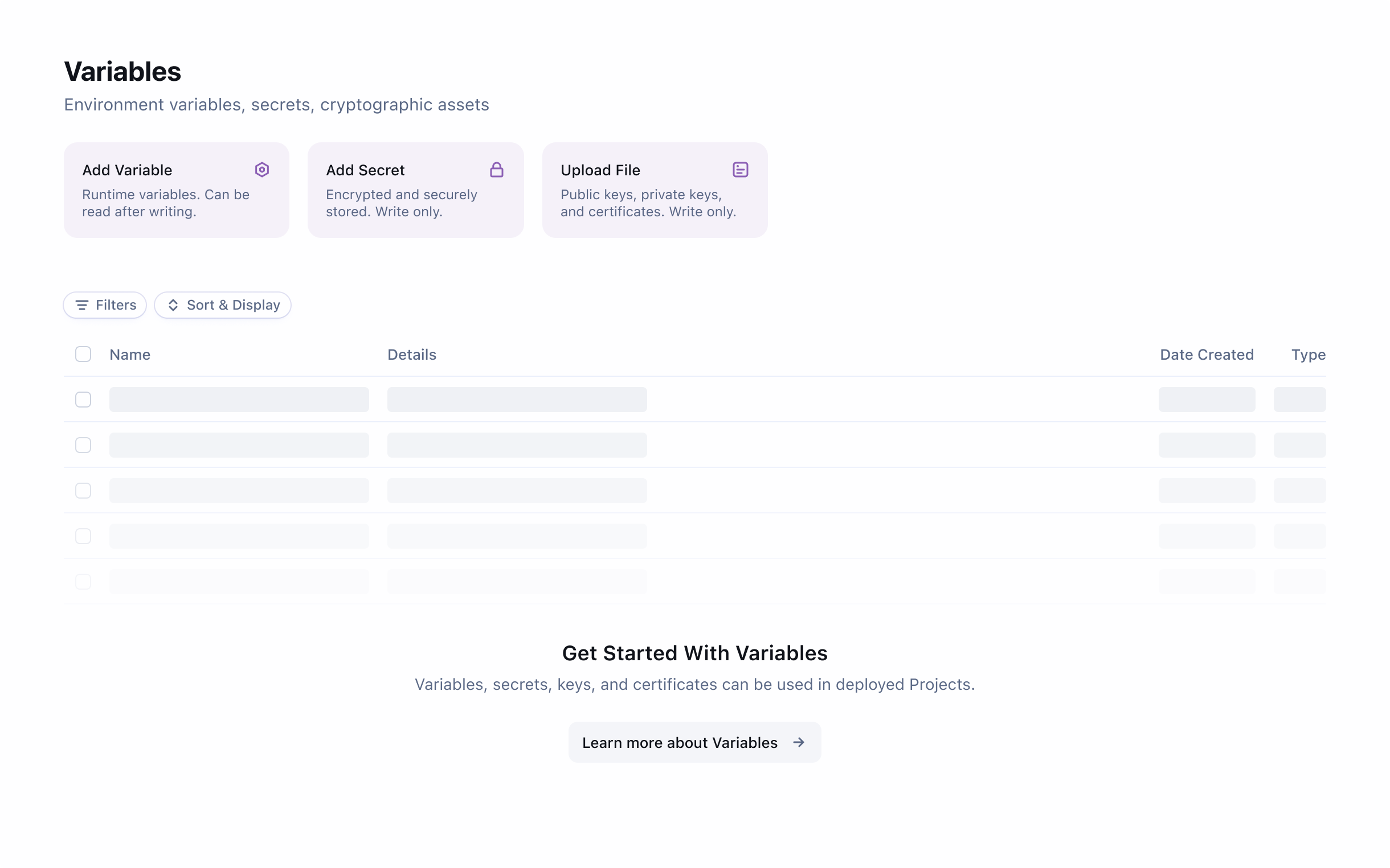Tempest Variables screen for managing environment variables, secrets, and cryptographic assets